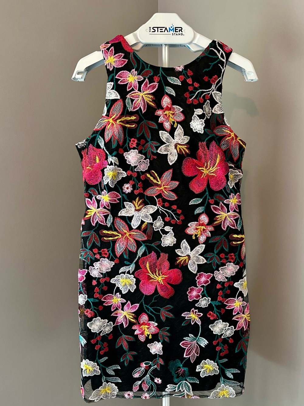 Sam Edelman Black Mini Dress with Pink, White & Yellow Floral Embroidery